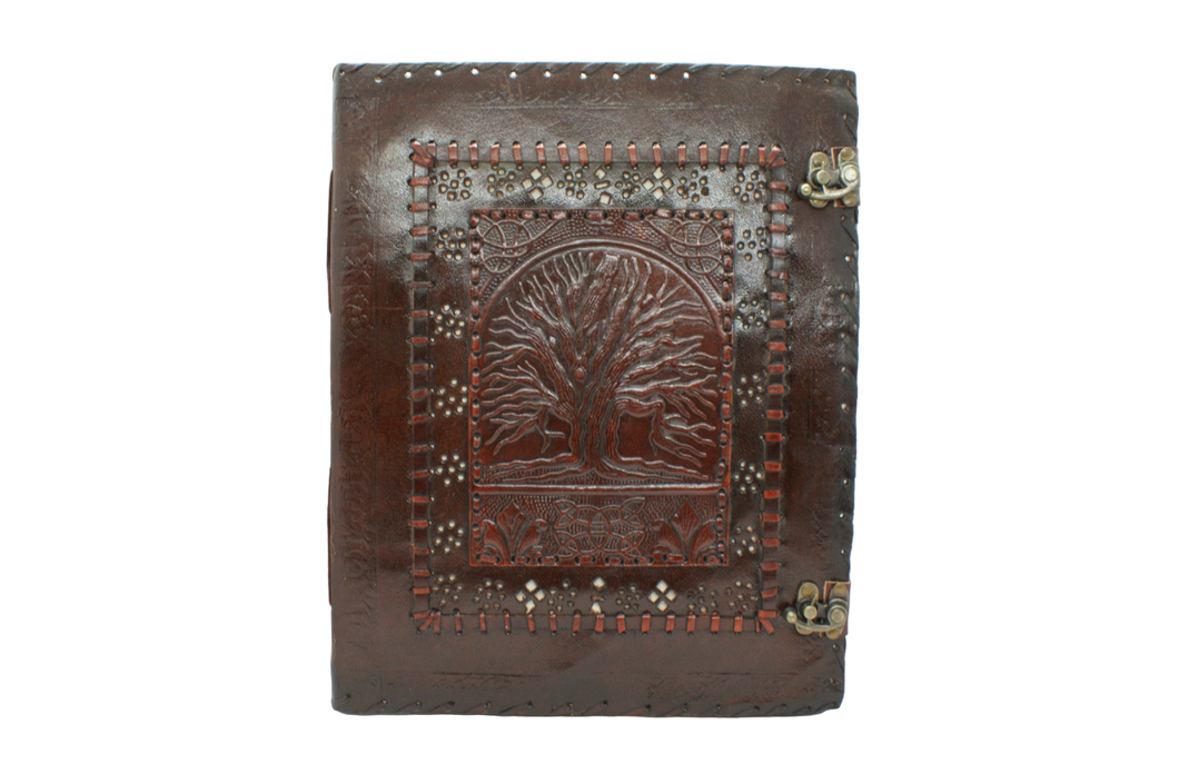 Stor handgjord läderbok med Yggdrasil/Livets träd