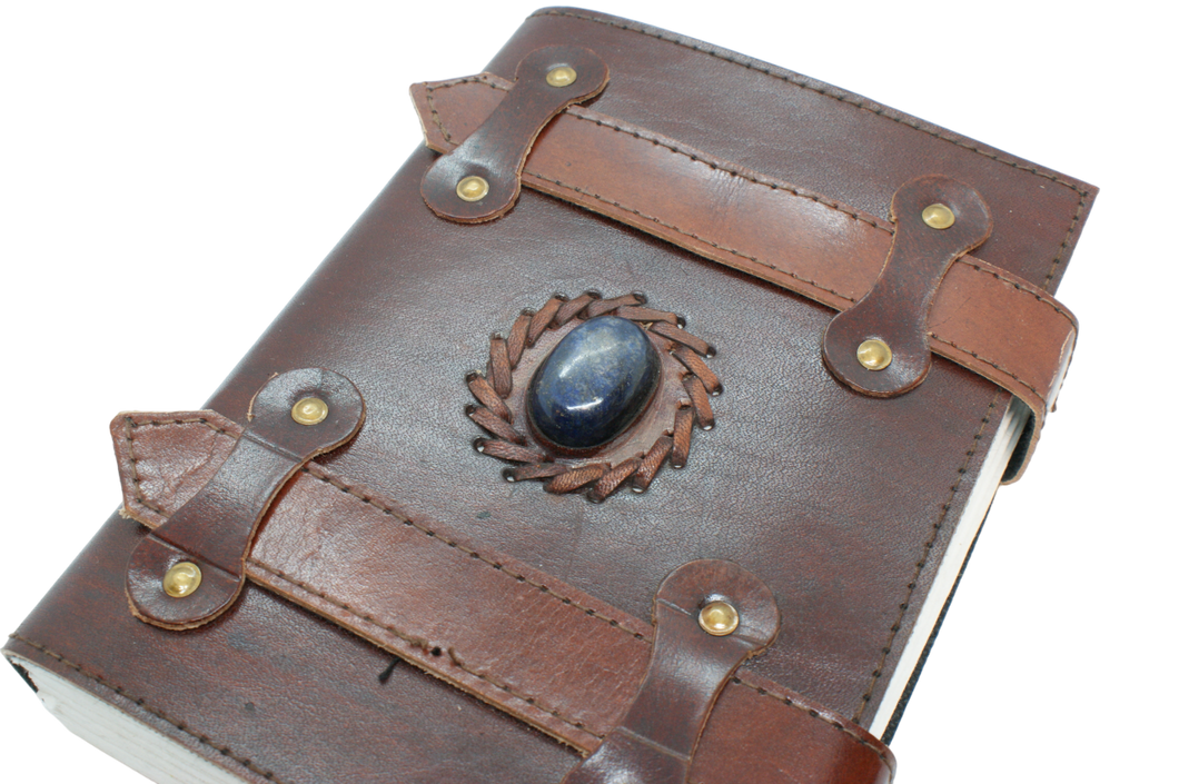 Handgjord läderbok med remmar -Blå sten