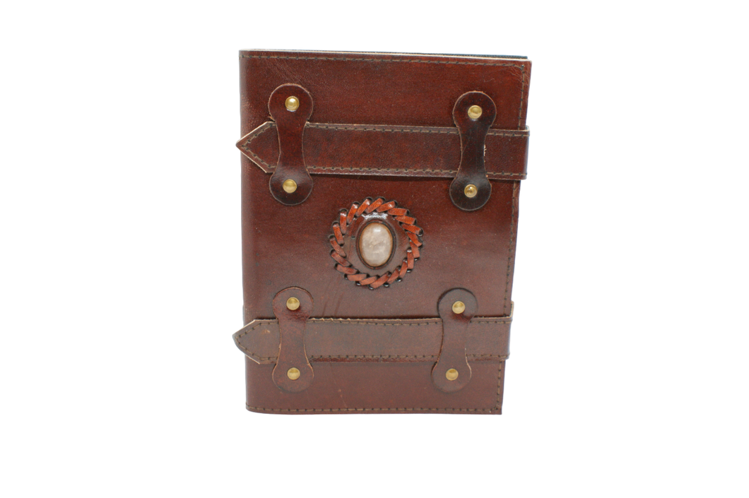 Handgjord läderbok med remmar - Rosabrun sten