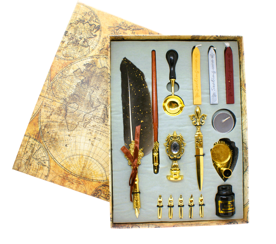 Fjäderpenna / Kalligrafipenna - Set i vacker box med rosett