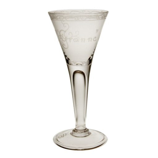Spetsglas med gravering, ”Skål granne”